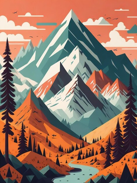 a detailed illustration of a mountain landscape with a flat design