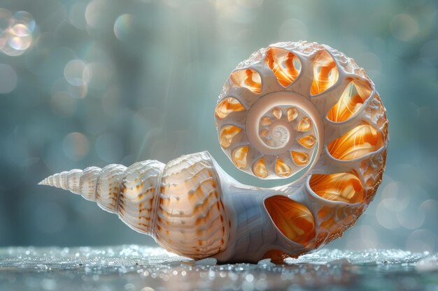 A detailed illustration of a nautilus shell cut in half showcasing its logarithmic spiral and