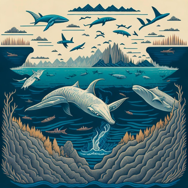 A detailed illustration of the peninsula with sea wolfs and whales vector art