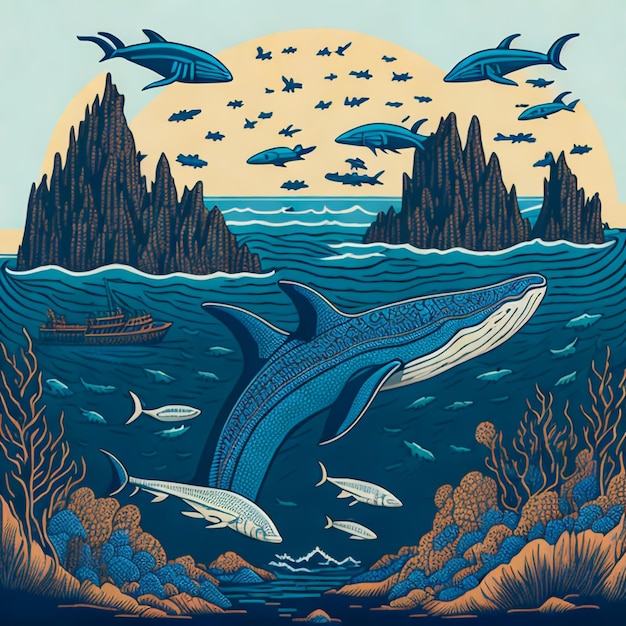 Foto un'illustrazione dettagliata della penisola con lupi di mare e balene vector art
