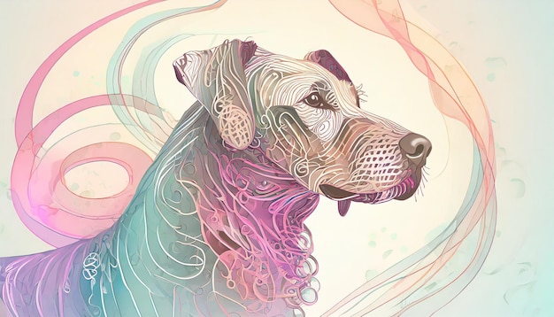 Photo detailed illustration portrait profile of a dog 3d layers swirl beautiful pastel colors