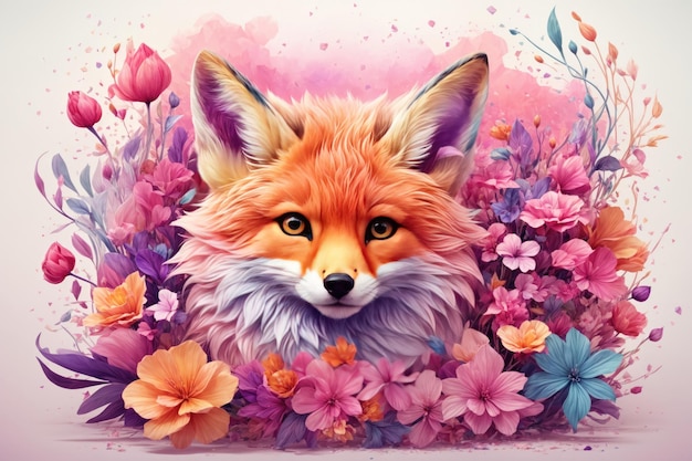 A detailed illustration of a print of a colorful baby fox with flowers ai generative