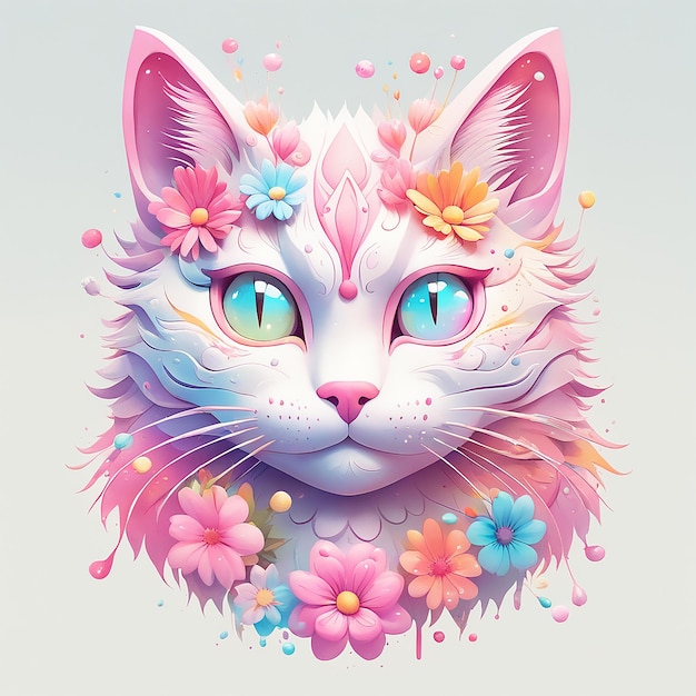 A Detailed Illustration of a Print of a Colorful Cat a Cat Statue With Flowers Generated Ai