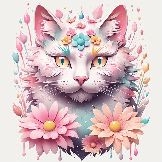 A Detailed Illustration of a Print of a Colorful Cat a Cat Statue With Flowers Generated Ai