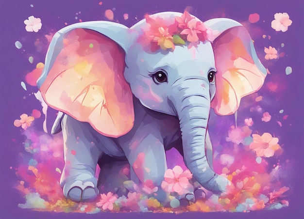 A detailed illustration of a print of a cute colorful baby elephant fantasy flower splashes