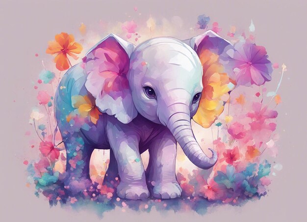 Foto un'illustrazione dettagliata di una stampa di un carino bambino elefante colorato fiore fantasia spruzza