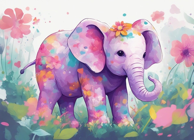 A detailed illustration of a print of a cute colorful baby elephant fantasy flower splashes