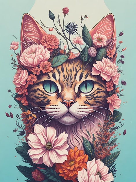 A detailed illustration a print of vintage cat head