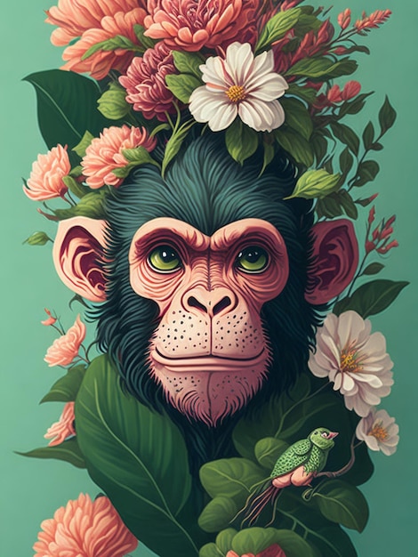 상세한 삽화, a, 인쇄, a, 포도 수확, 원숭이, 머리, 꽃, 튀김