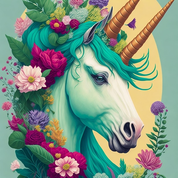 A detailed illustration a print of vintage unicorn head with flowers splash