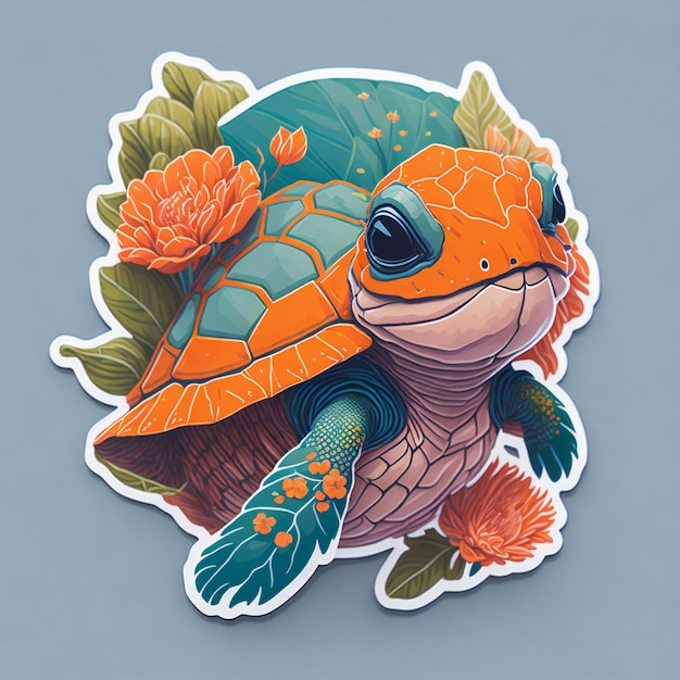 A detailed illustration a print of vivid cute turtle head sticker