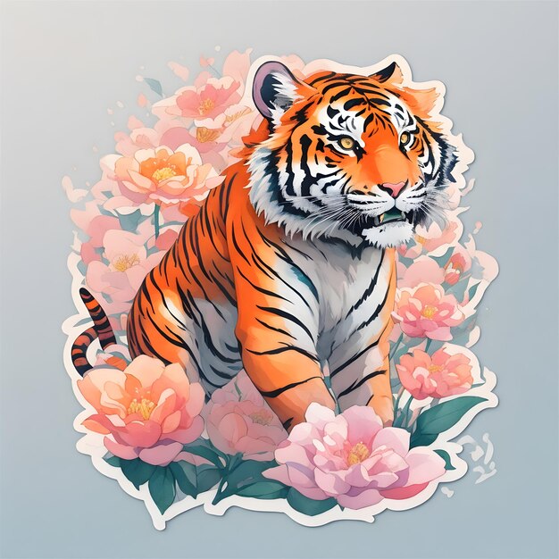 A detailed illustration of a print of vivid Demon tiger fantasy flowers splash ai generated