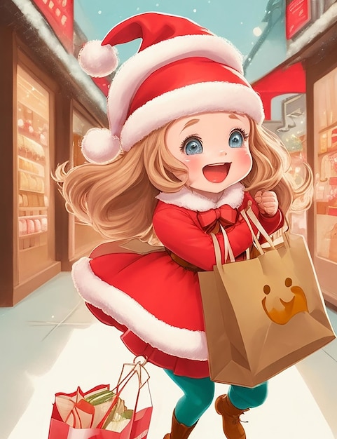 A detailed illustration of a Santa helper girl her cheeks rosy with excitement