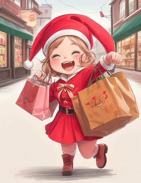 A detailed illustration of a Santa helper girl her cheeks rosy with excitement