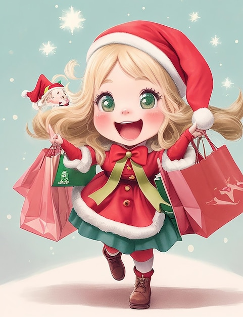 A detailed illustration of a Santa helper girl her cheeks rosy with excitement