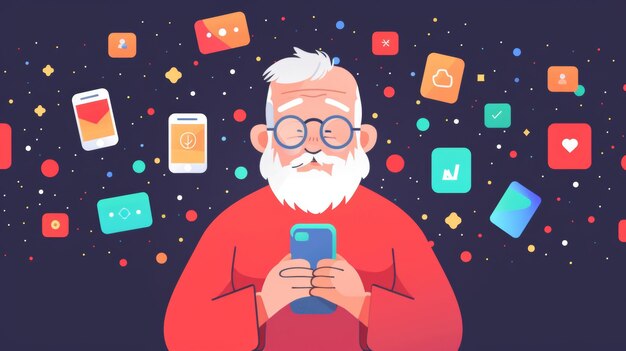 Detailed illustration of a senior man holding a mobile phone surrounded by web pages and icons