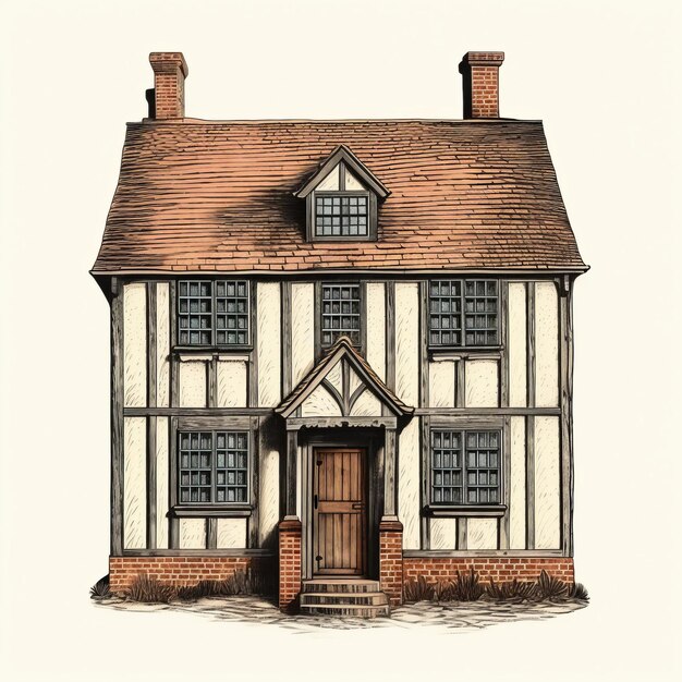 Photo detailed illustration of tudor style house with old fashioned chimney