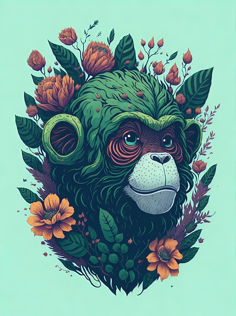 A detailed illustration of a vintage monkey head green floral pastel tetradic colors digital art