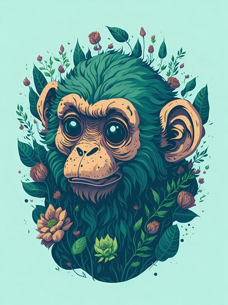 A detailed illustration of a vintage monkey head green floral pastel tetradic colors digital art