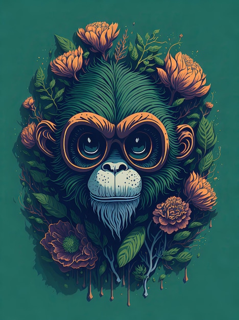 A detailed illustration of a vintage monkey head green floral pastel tetradic colors digital art