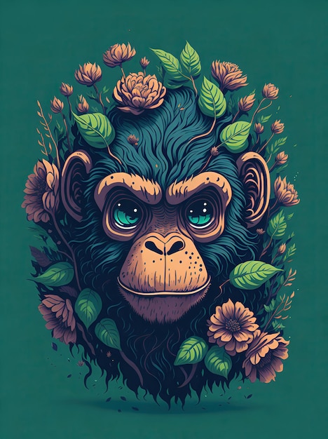 Подробная иллюстрация винтажной обезьяньей головы зеленого цветочного пастельного тетрадного цвета цифрового искусства
