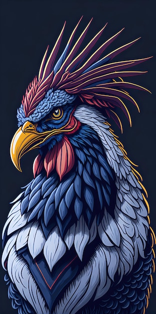 A detailed illustration of a vintage rooster head with Griffin hybrid glossy feathers Digital art