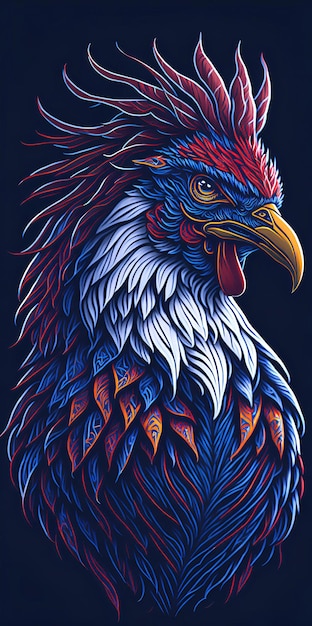 A detailed illustration of a vintage rooster head with Griffin hybrid glossy feathers Digital art