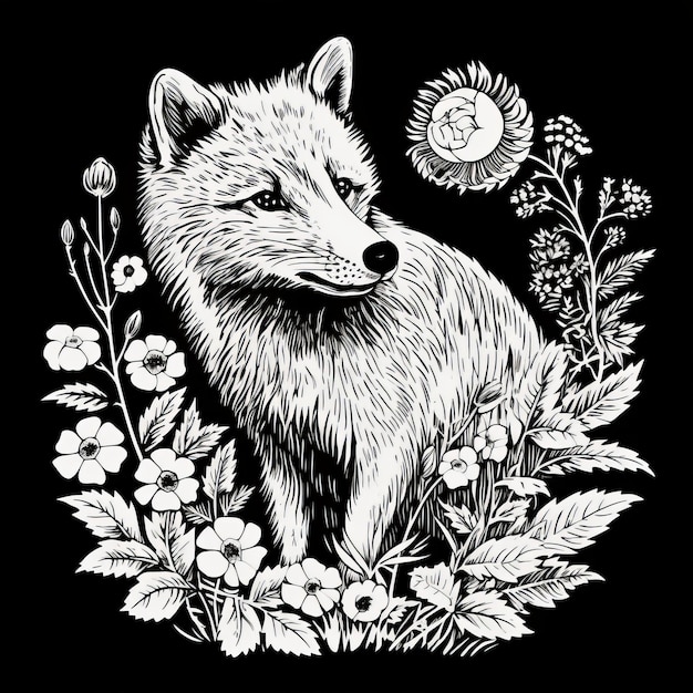 Detailed Illustration Of A White Wolf In A Field Of Plants