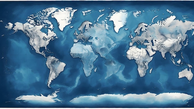 깊은 파란 바다와 밝은 파란색의 육지를 가진 세계 지도의 상세한 일러스트레이션