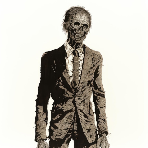 Photo detailed illustration of a zombie in a suit antique woodcut engraving