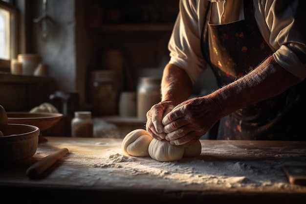 Photo a detailed image of a baker kneading dough during early morning