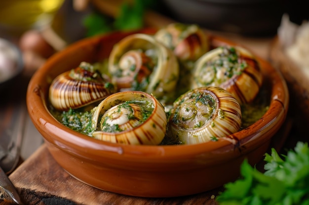 Photo a detailed image capturing the closeup view of a bowl containing numerous snails placed on a table dish of exotic escargot with garlic herb butter ai generated