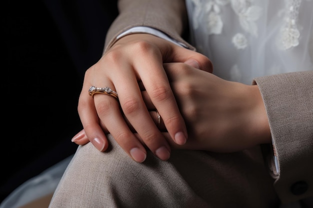結婚指輪を誇らしげに展示している人の手のクローズアップビューをキャプチャする詳細な画像 結婚指輪と手のクローズアップAI生成