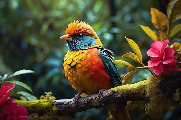 Detailed image of A colorful bird sits on a branch