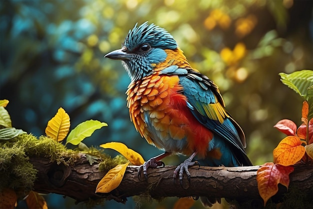 Detailed image of A colorful bird sits on a branch