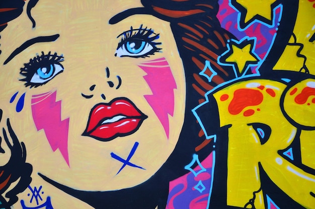 A detailed image of the graffiti drawing A conceptual street art background with a retro portrait of a girl