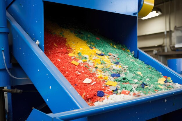 Detailed image of a granulator hopper filled with colorful plastic scraps waiting to be processed