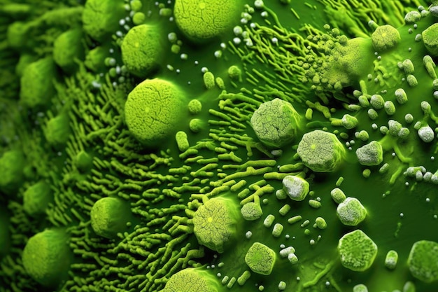 Detailed image of microscopic algae bloom created with generative ai