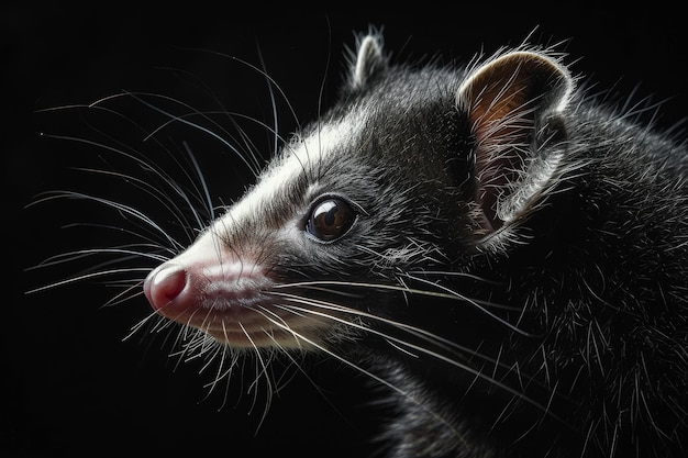 detailed image of a possum its white face and pointed snout are clearly visible