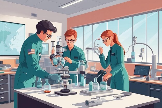 a detailed image of a teacher and students conducting experiments on the effects of microgravity vector illustration in flat style