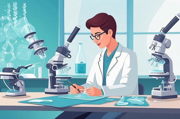 a detailed image of a teacher and students studying regenerative medicine and tissue engineering vector illustration in flat style