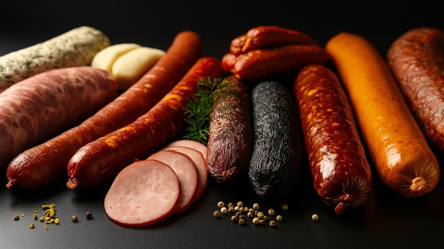 detailed image of various smoked sausages arranged on a black background