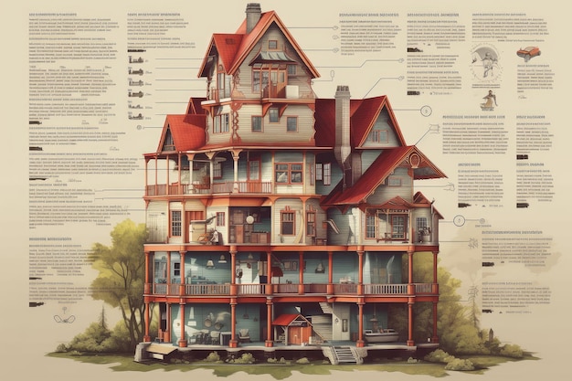 Detailed Infographic of House Building Full Details Anatomy extreme closeup Generative AI