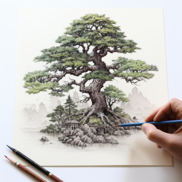 Photo detailed ink illustration of a person drawing a tree on water