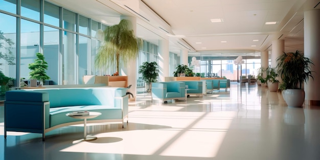 Детальные снимки интерьера современного больничного вестибюля, демонстрирующие гладкий дизайн, комфортные сиденья и гостеприимную атмосферу