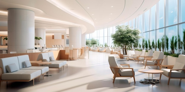 Detailed interior shots of a modern hospital lobby showcasing the sleek design comfortable seating areas and welcoming atmosphere