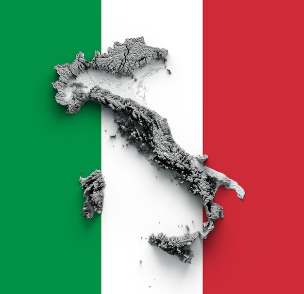 Photo detailed italy physical map on flag background 3d illustration