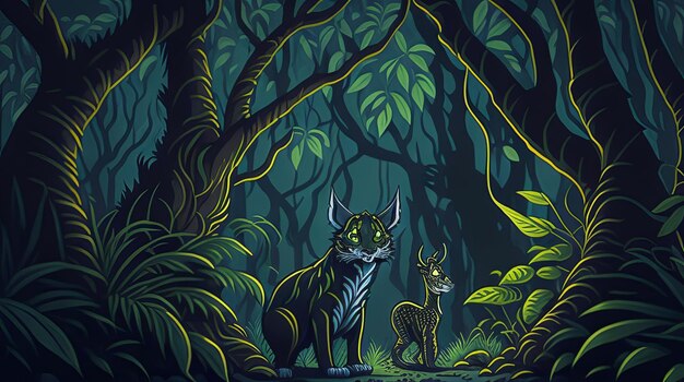 Detailed jungle green background with animals