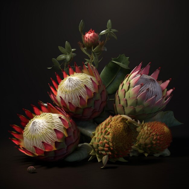 detailed king proteas and pincushions against a black background