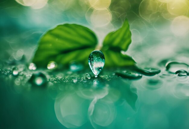 큰 물방울은 환경을 반영합니다. 자연의 봄 사진. 식물의 데르타에 비방울이 있습니다.